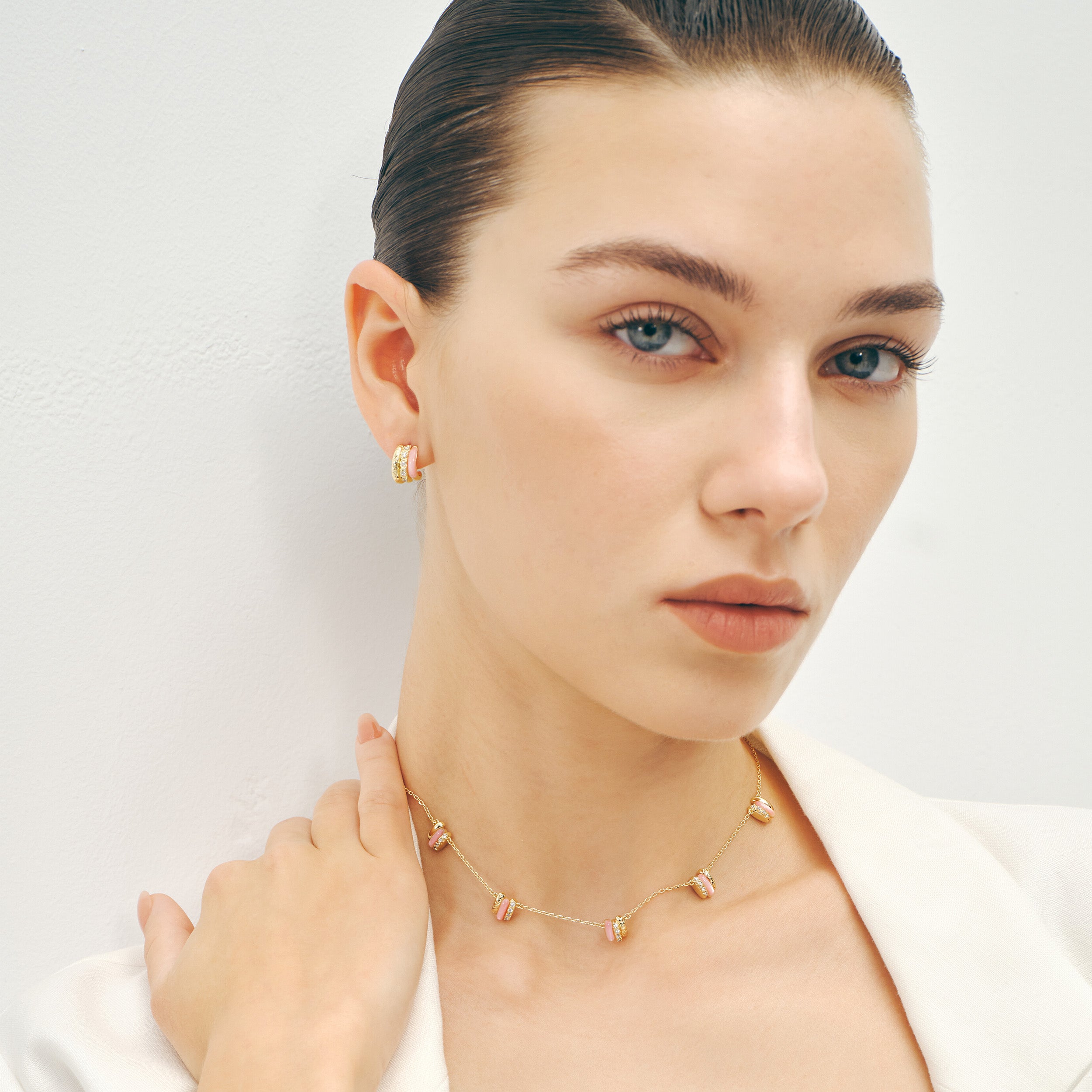 Pink Mother of Pearl C Hoop Earrings