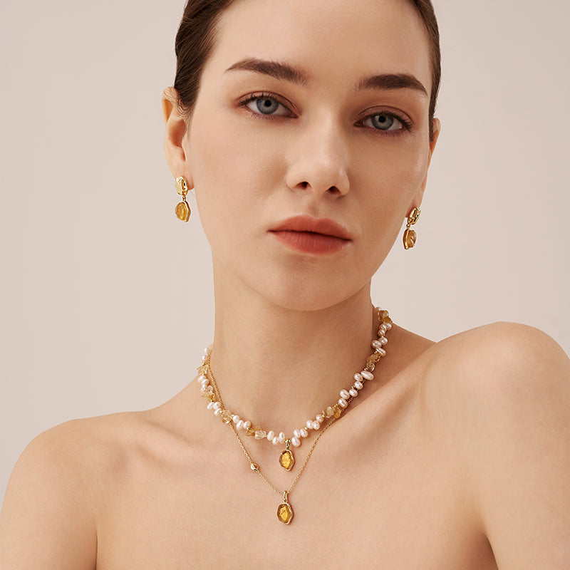 Raw Citrine Pearl Necklace