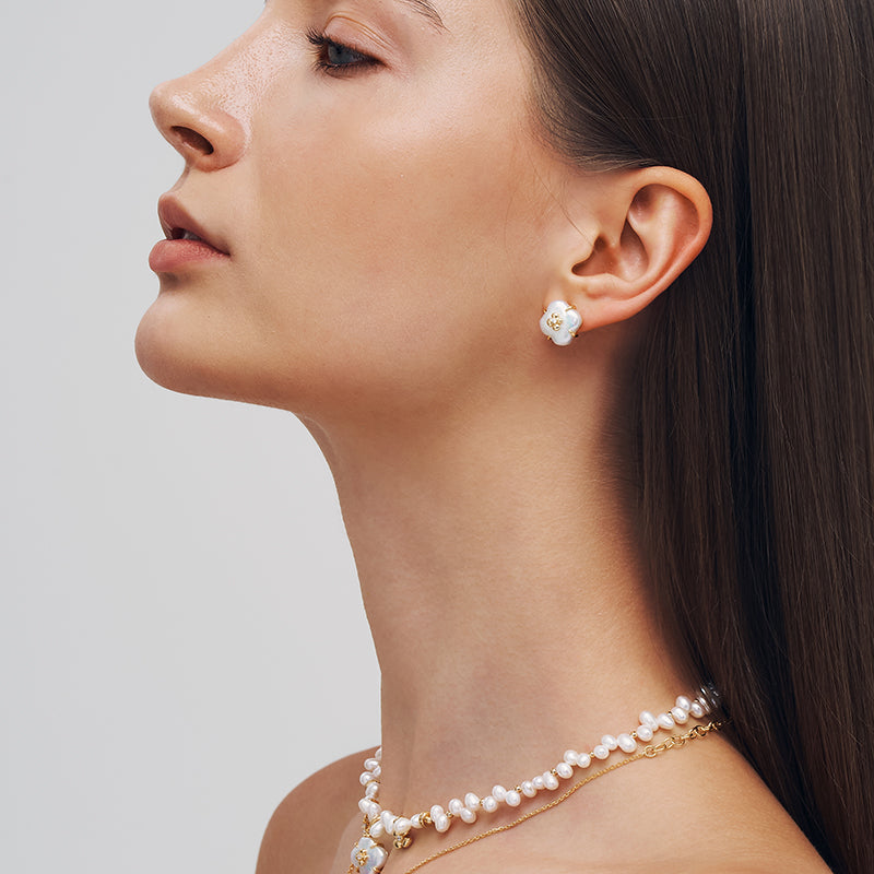 Lucky Clover Pearl Stud Earrings