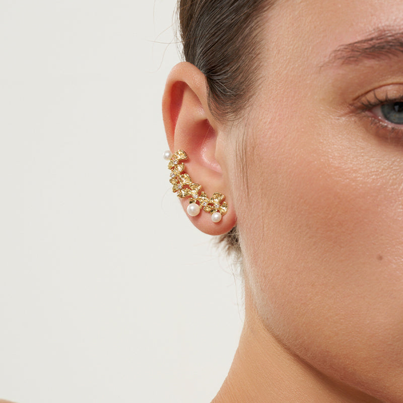 Gold Ginkgo Leaves Pearl Earrings