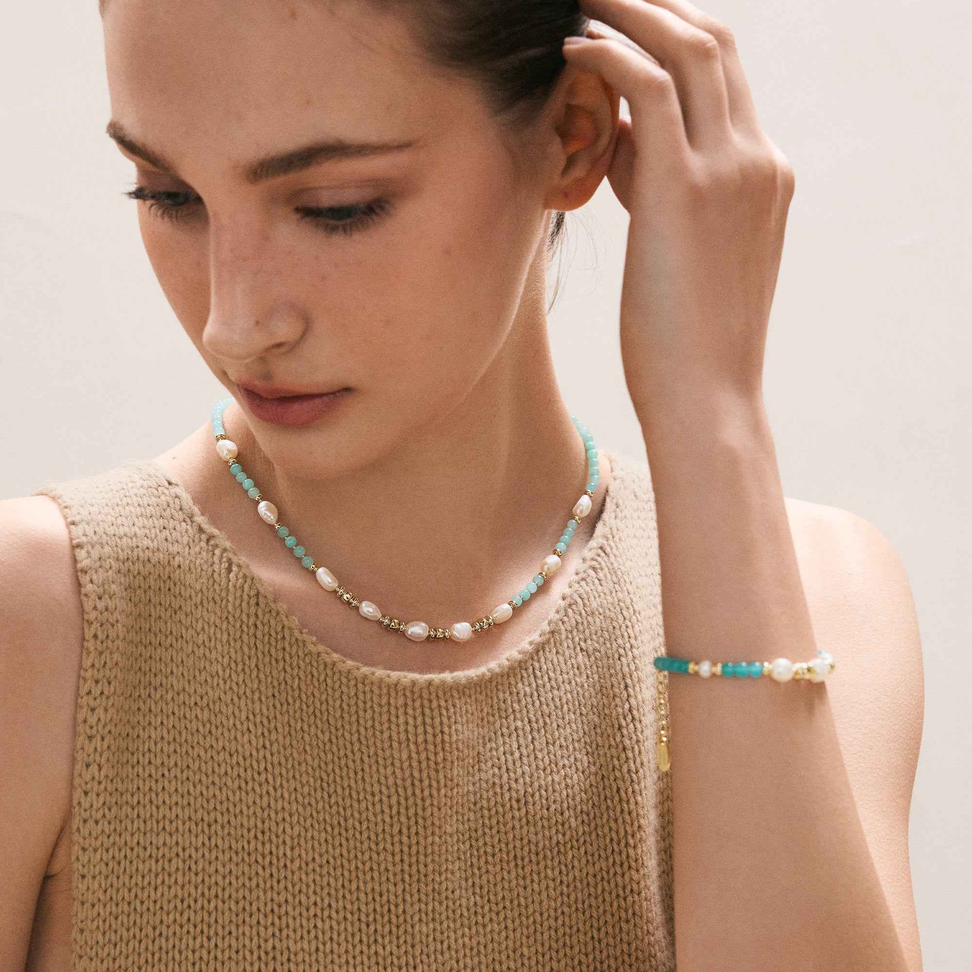 Amazonite Beaded Necklace With Pearl