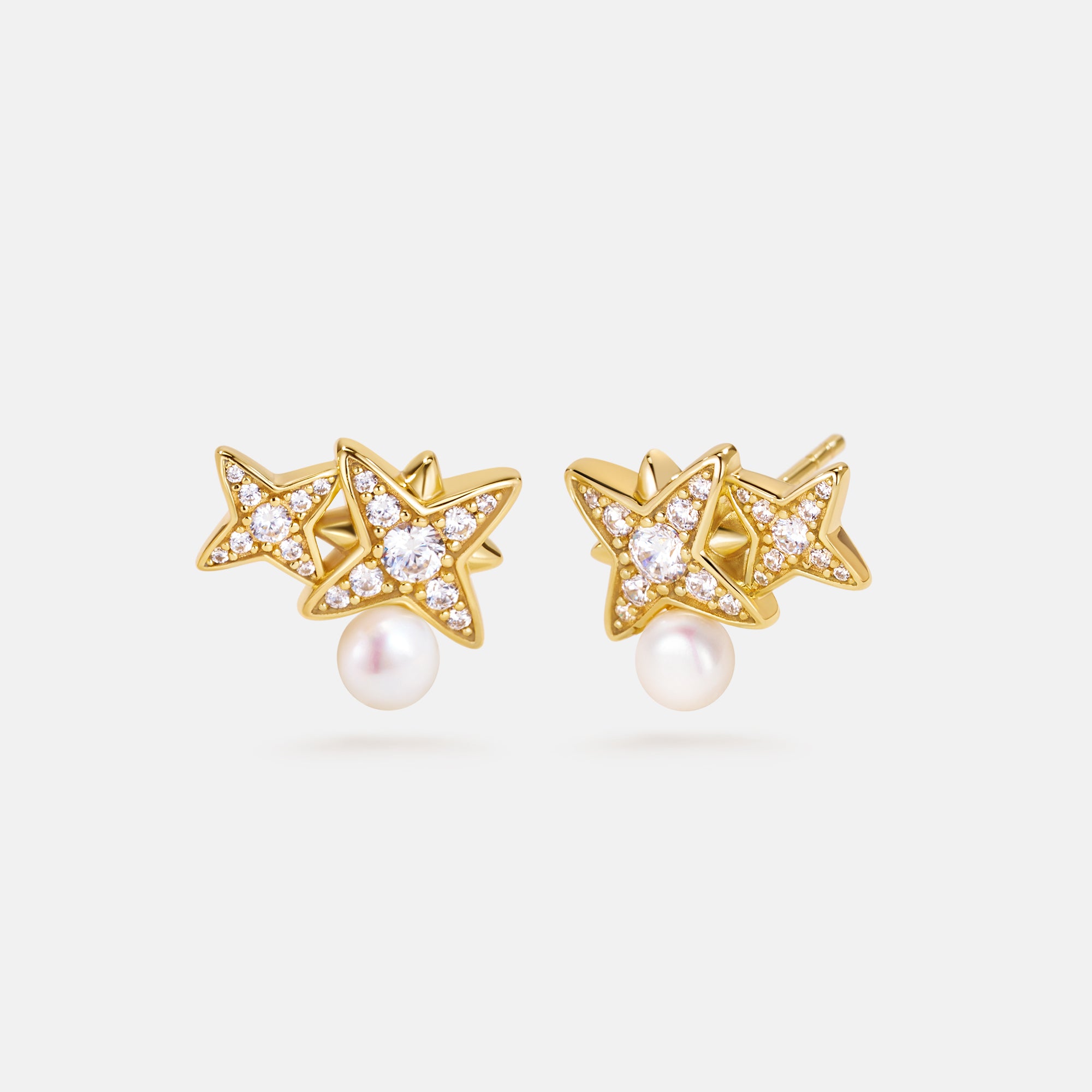 Celestial Double Star Pearl Stud Earrings