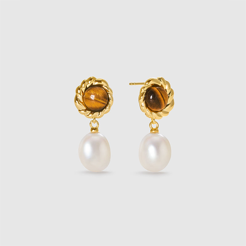 Tiger's Eye Pearl Drop Earrings