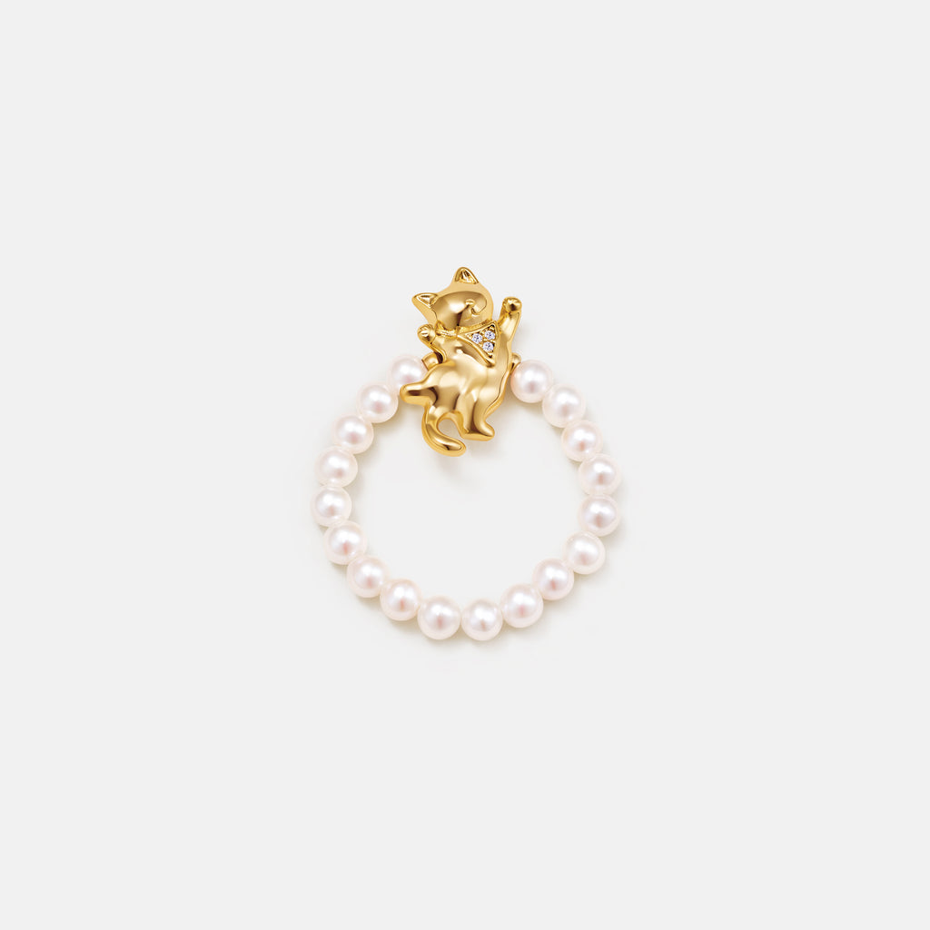 Dancing Cat Pearl Beaded Ring