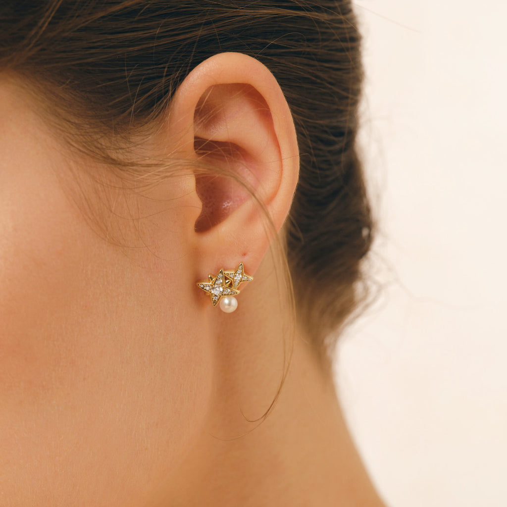 Celestial Double Star Pearl Stud Earrings