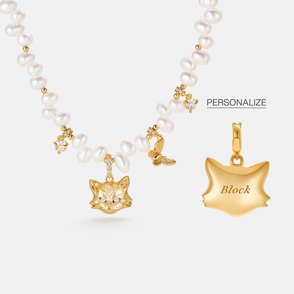 Personalized Cat Butterfly Pearl Necklace