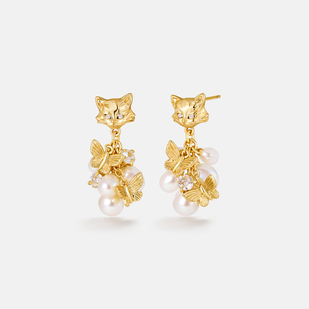 Cat Butterfly Pearl Earrings