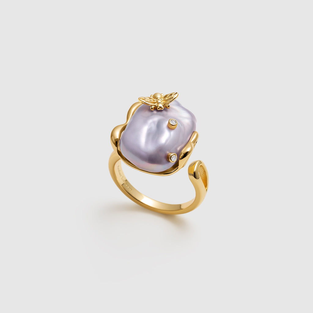 Lavender Baroque Pearl Bee Open Ring