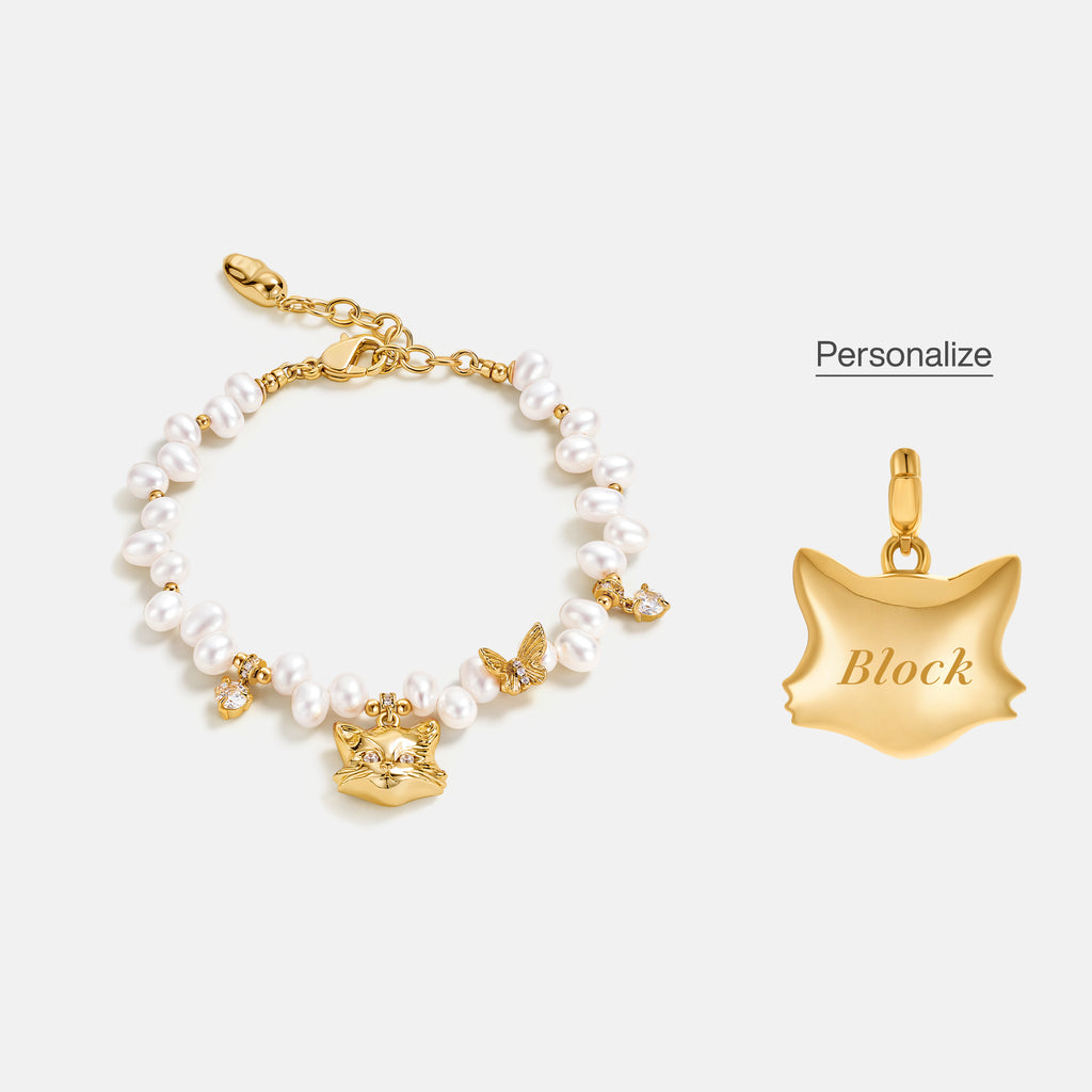 Personalized Cat Butterfly Pearl Bracelet