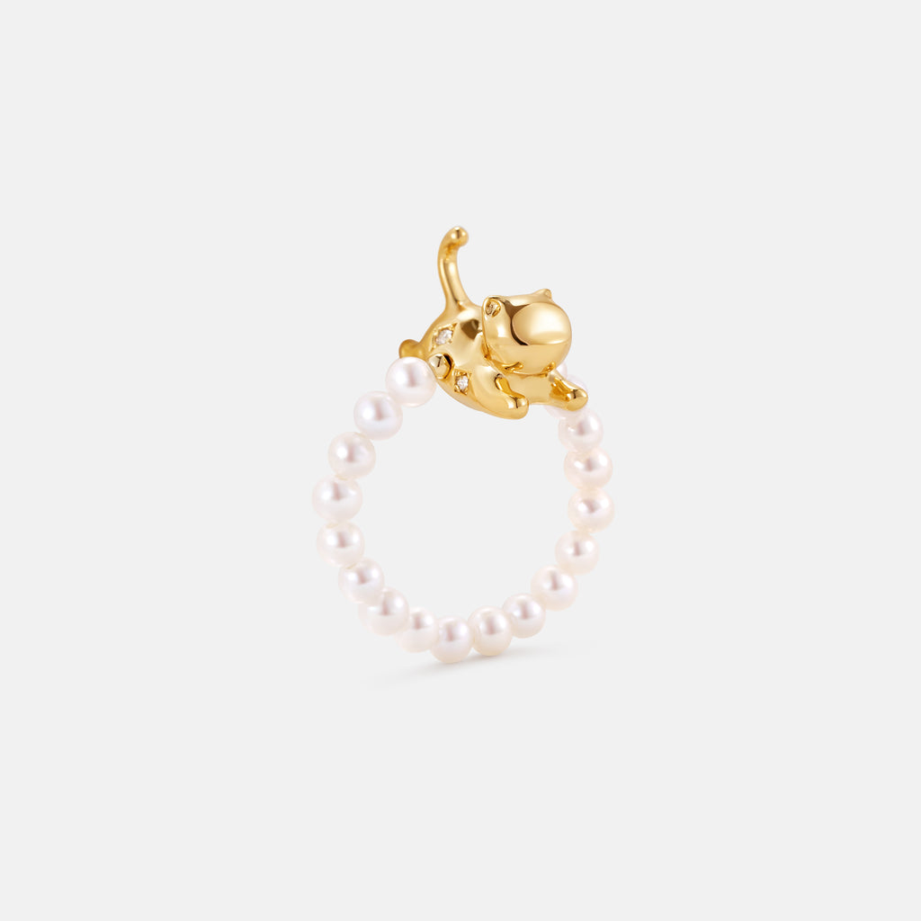 Playful Cat Pearl Beaded Ring