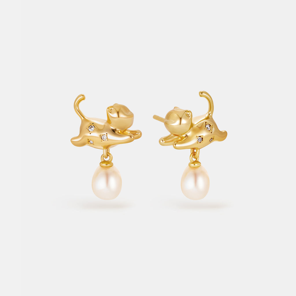 Playful Cat Pearl Earrings