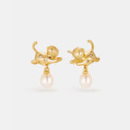 Playful Cat Pearl Earrings