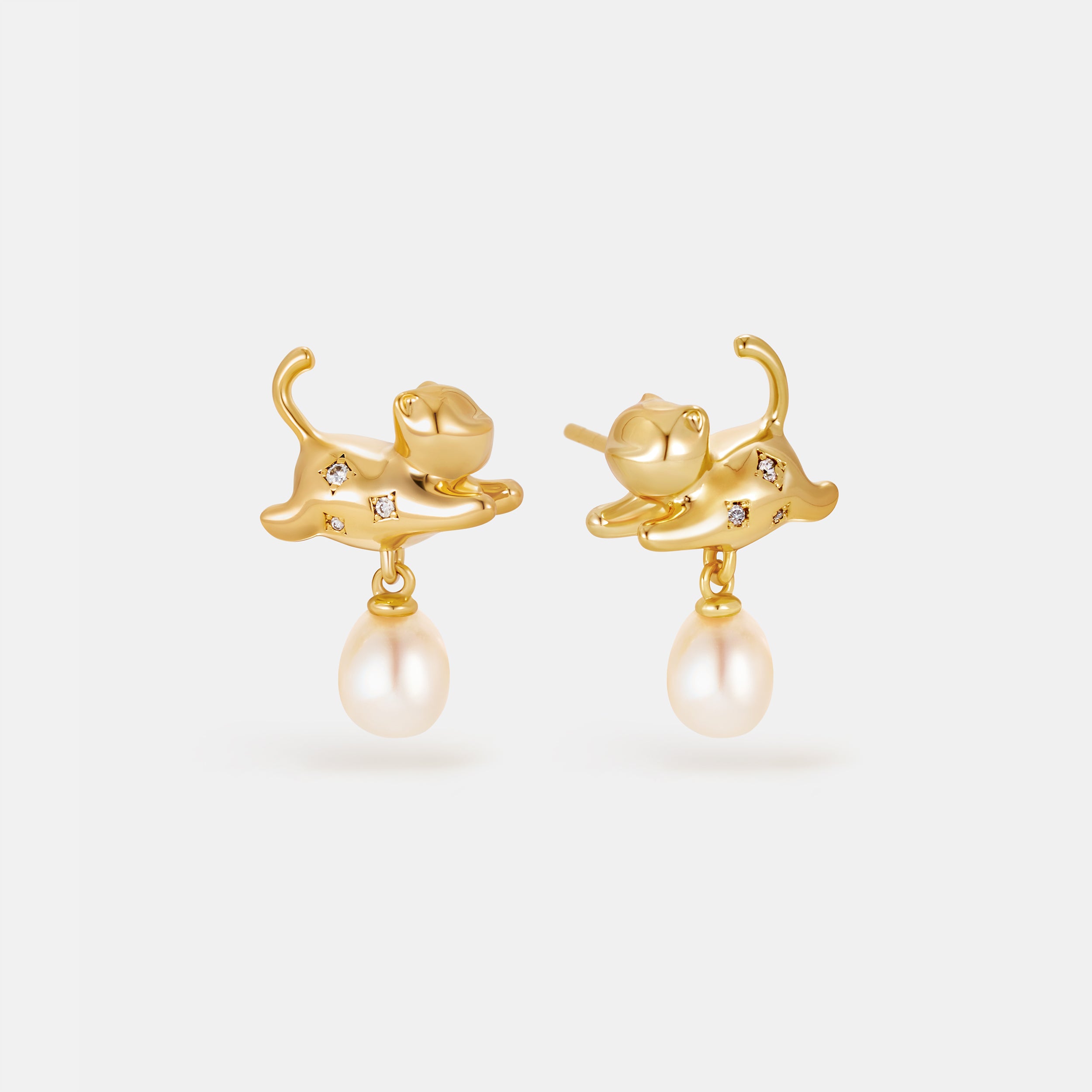 Playful Cat Pearl Earrings