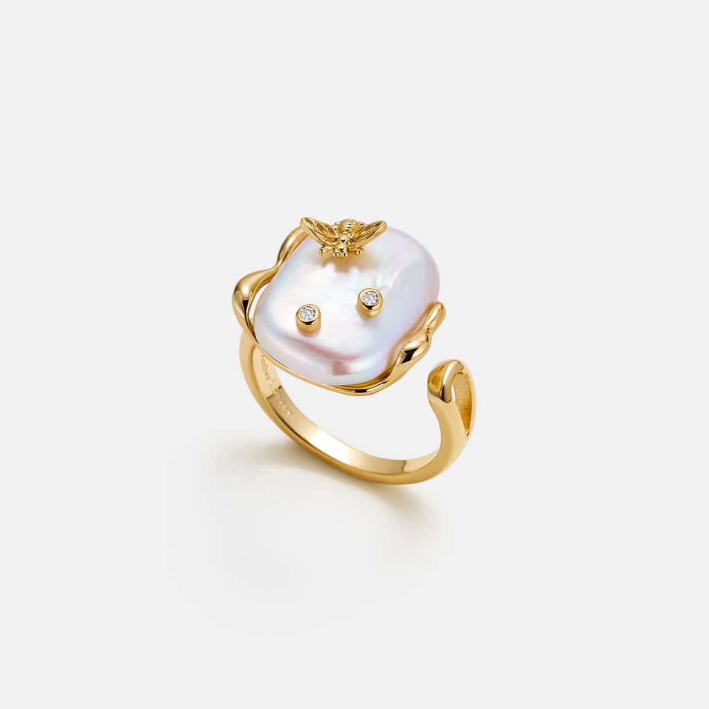 White Baroque Pearl Bee Open Ring