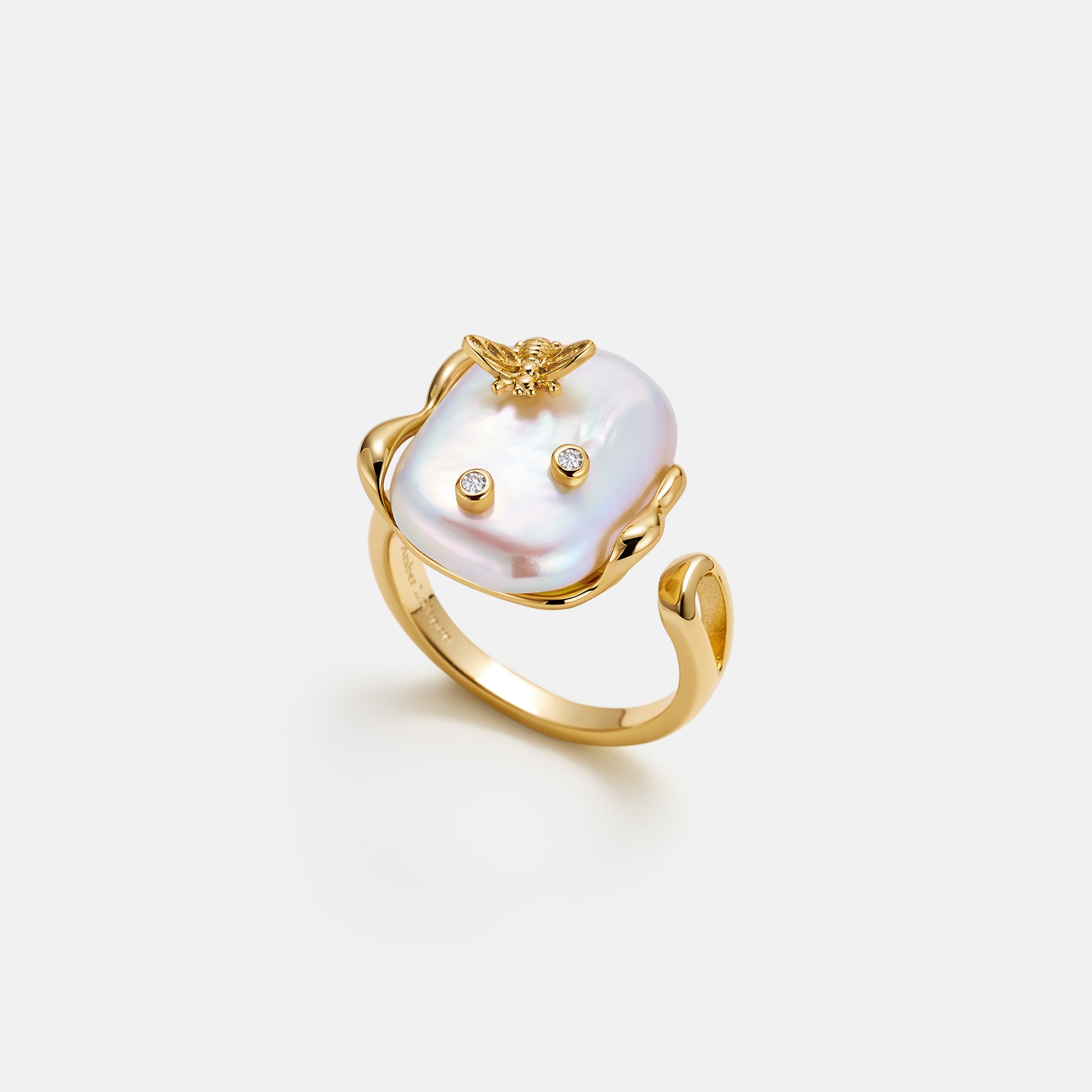 White Baroque Pearl Bee Open Ring