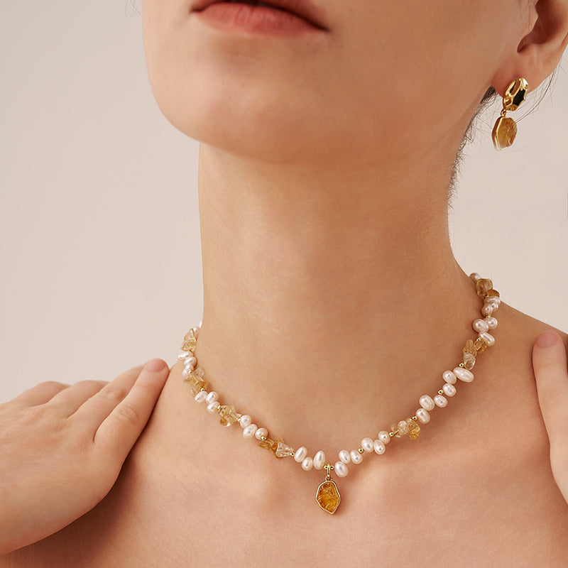 Raw Citrine Pearl Necklace