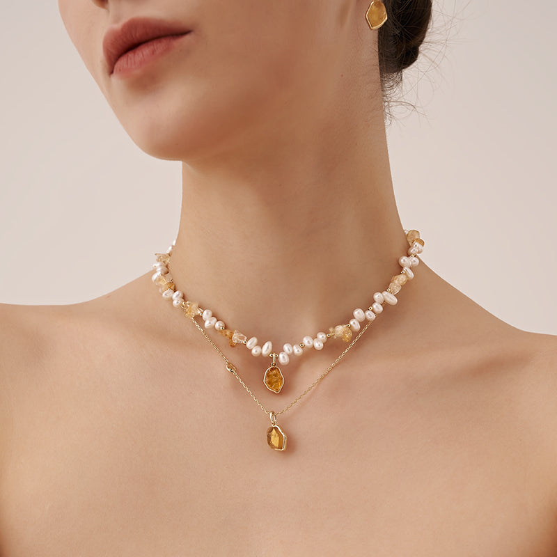 Raw Citrine Pearl Necklace