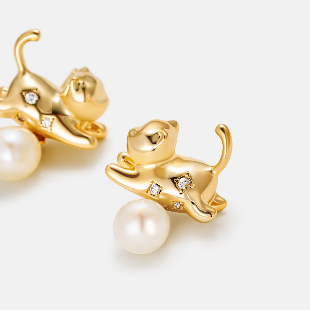 Playful Cat Pearl Earrings