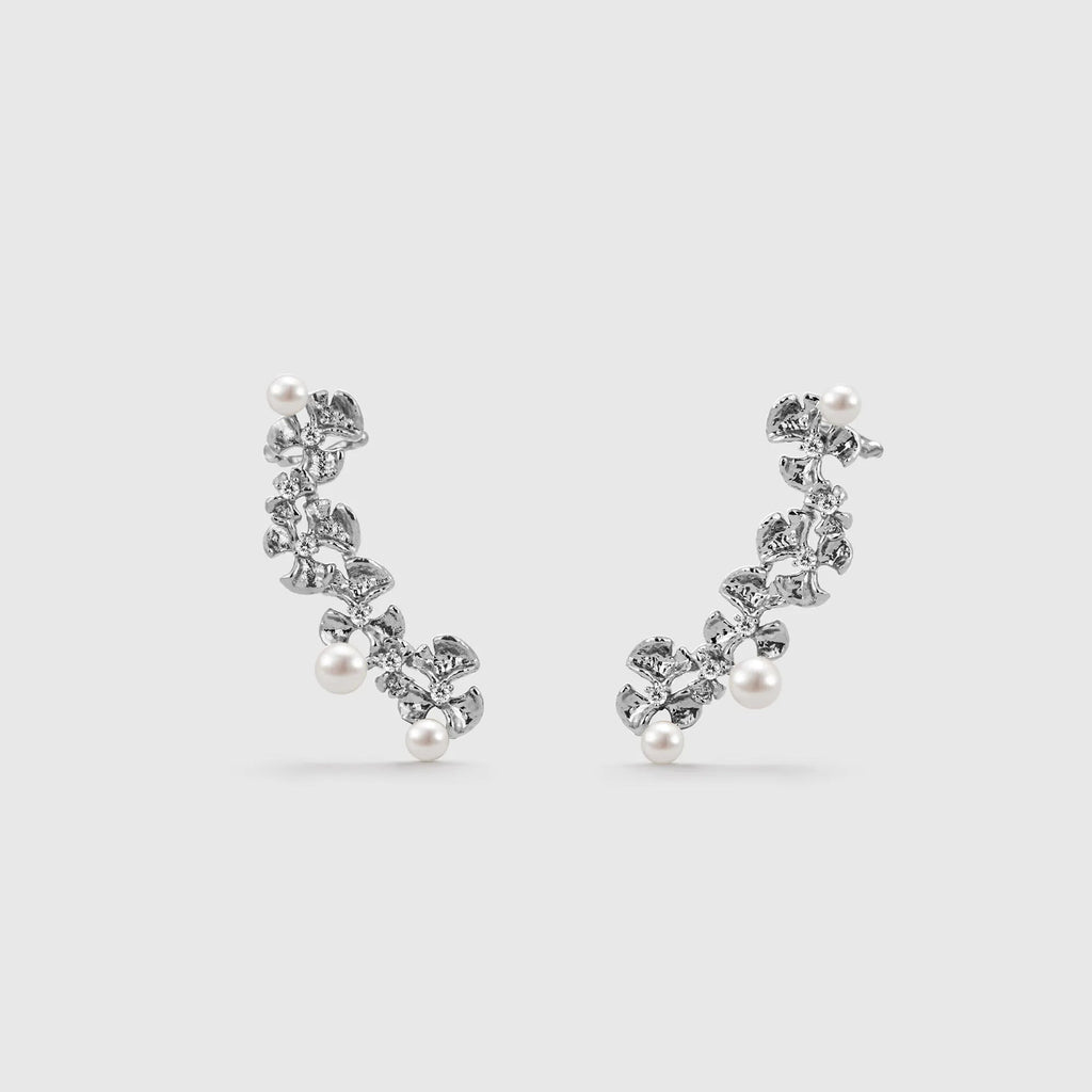 Silver Ginkgo Leaves Pearl Earrings