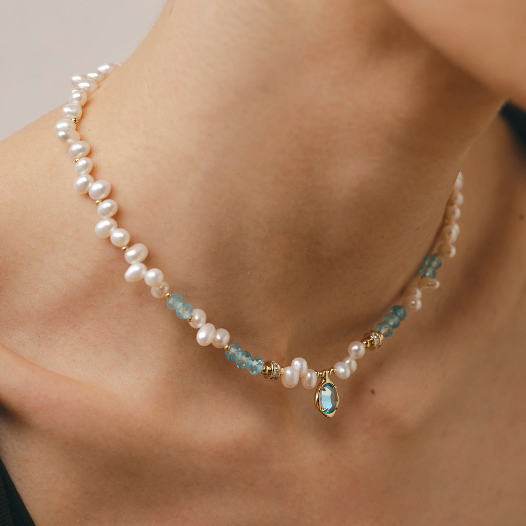 Raw Blue Topaz Pearl Necklace