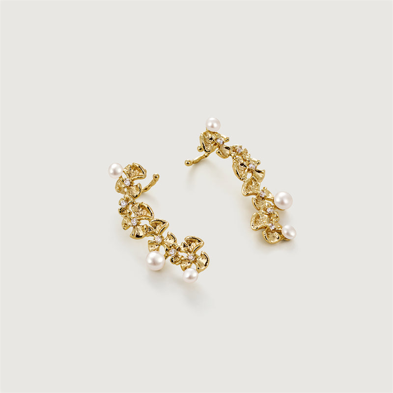Gold Ginkgo Leaves Pearl Earrings