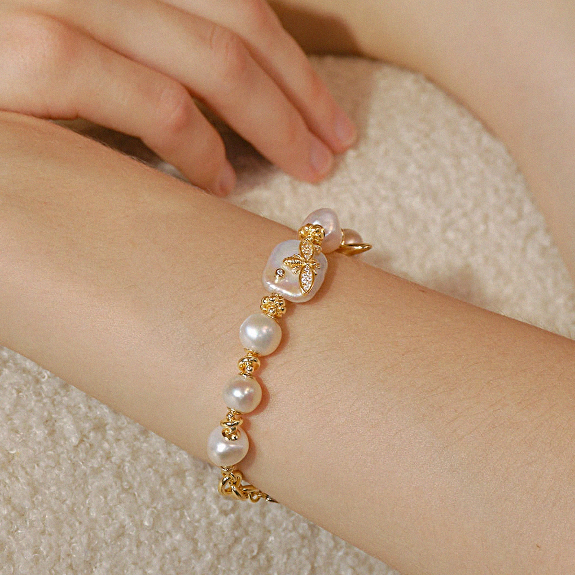 White Baroque Pearl Bee Bracelet