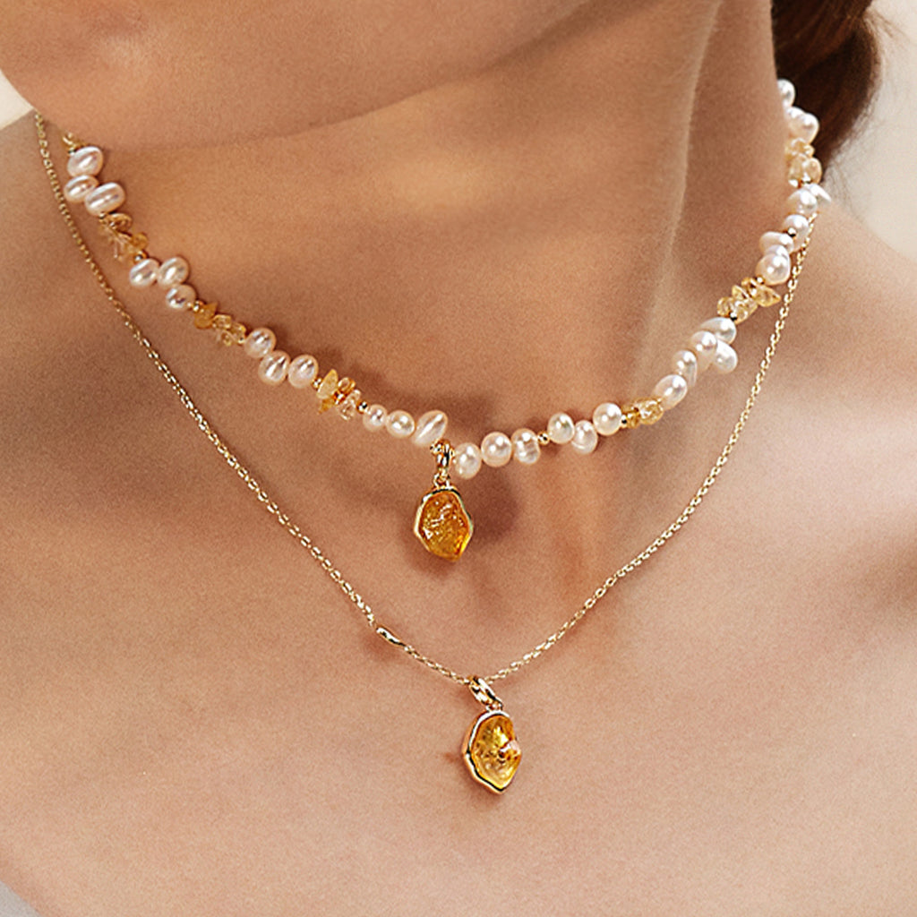 Raw Citrine Pearl Necklace