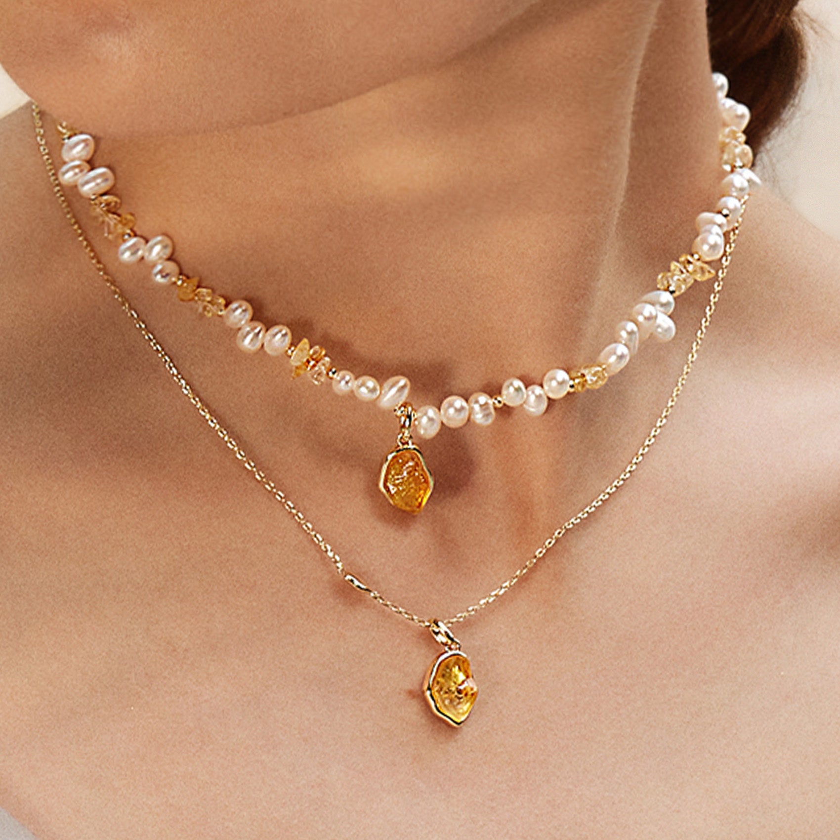 Raw Citrine Pearl Necklace