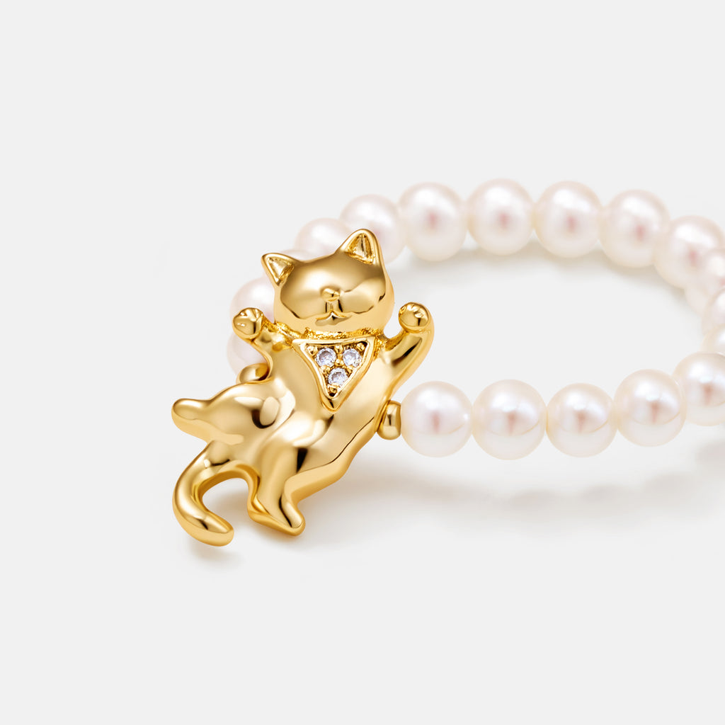 Dancing Cat Pearl Beaded Ring