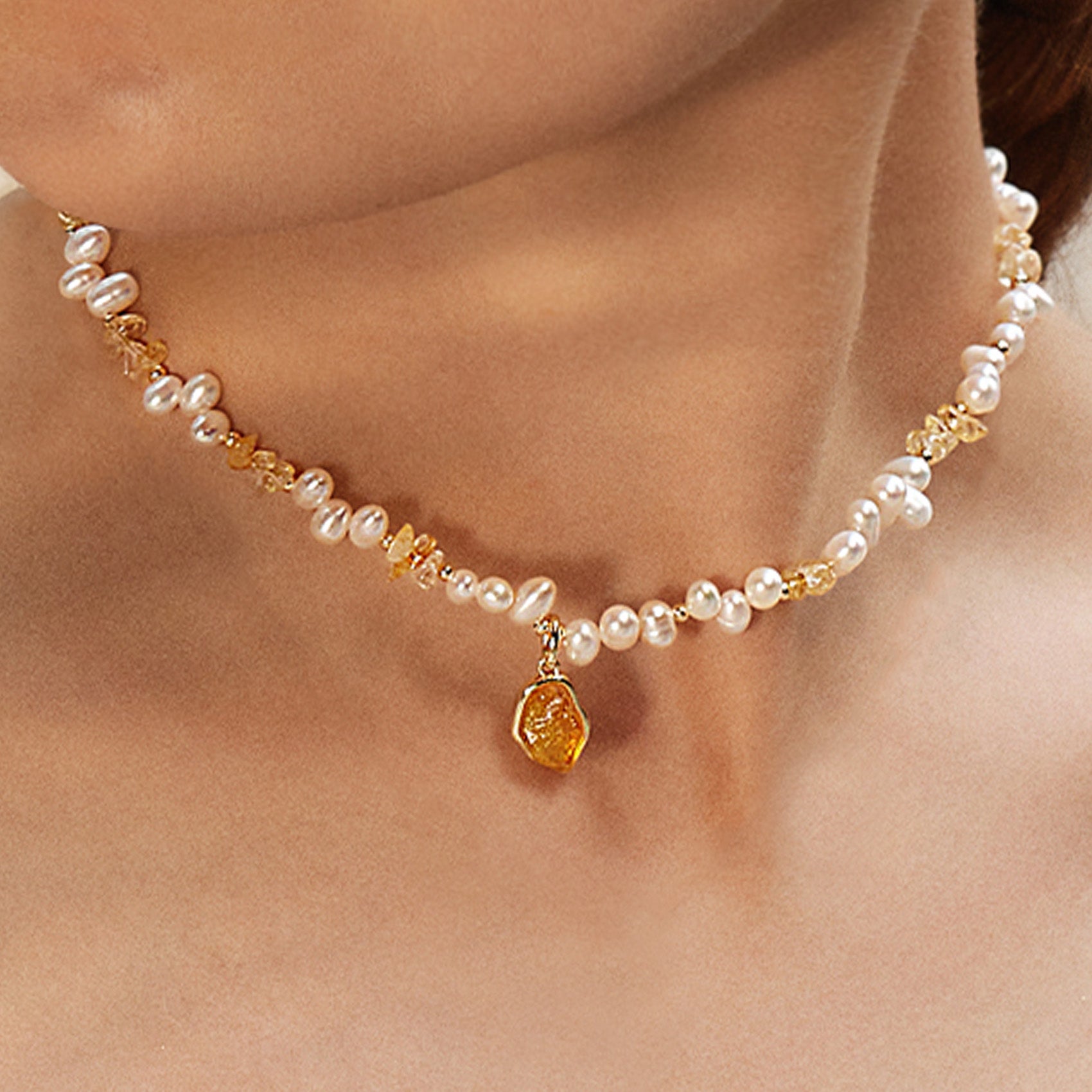 Raw Citrine Pearl Necklace