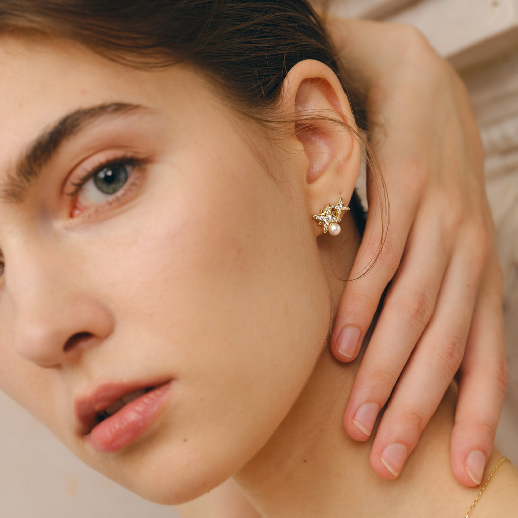 Celestial Double Star Pearl Stud Earrings