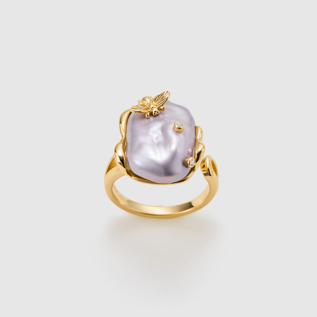 Lavender Baroque Pearl Bee Open Ring
