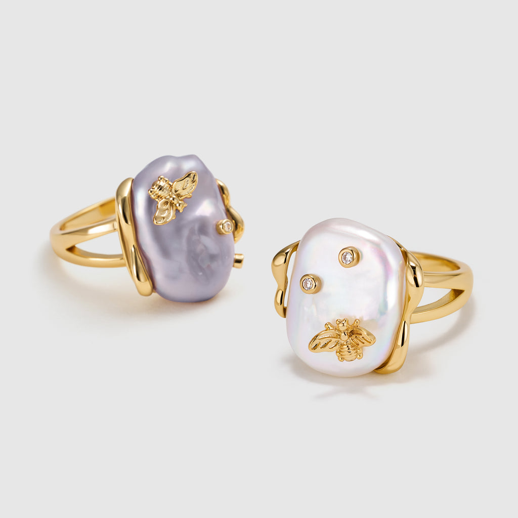 White Baroque Pearl Bee Open Ring