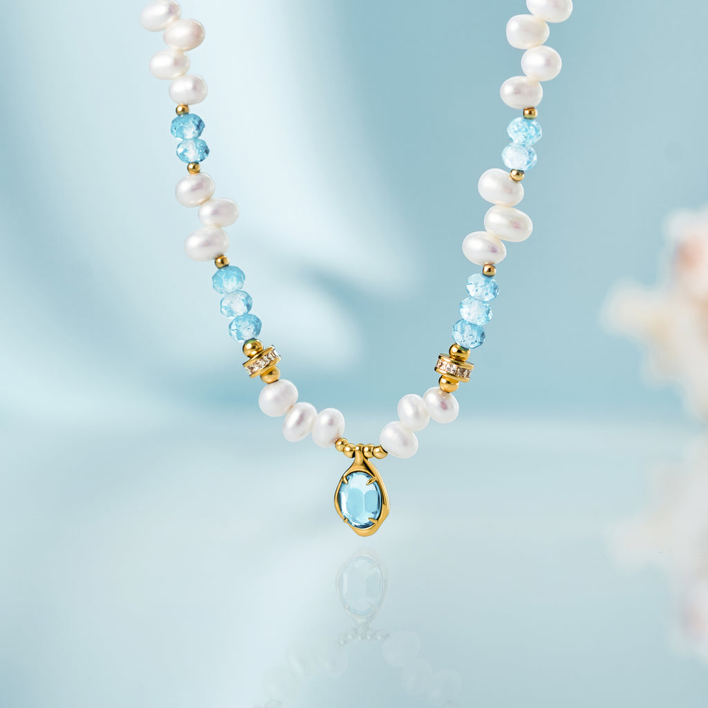 Raw Blue Topaz Pearl Necklace