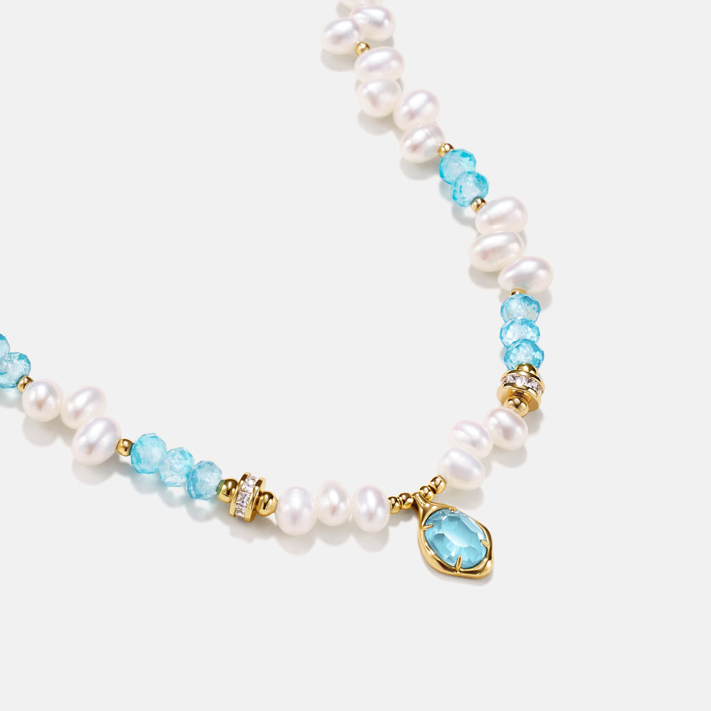 Raw Blue Topaz Pearl Necklace