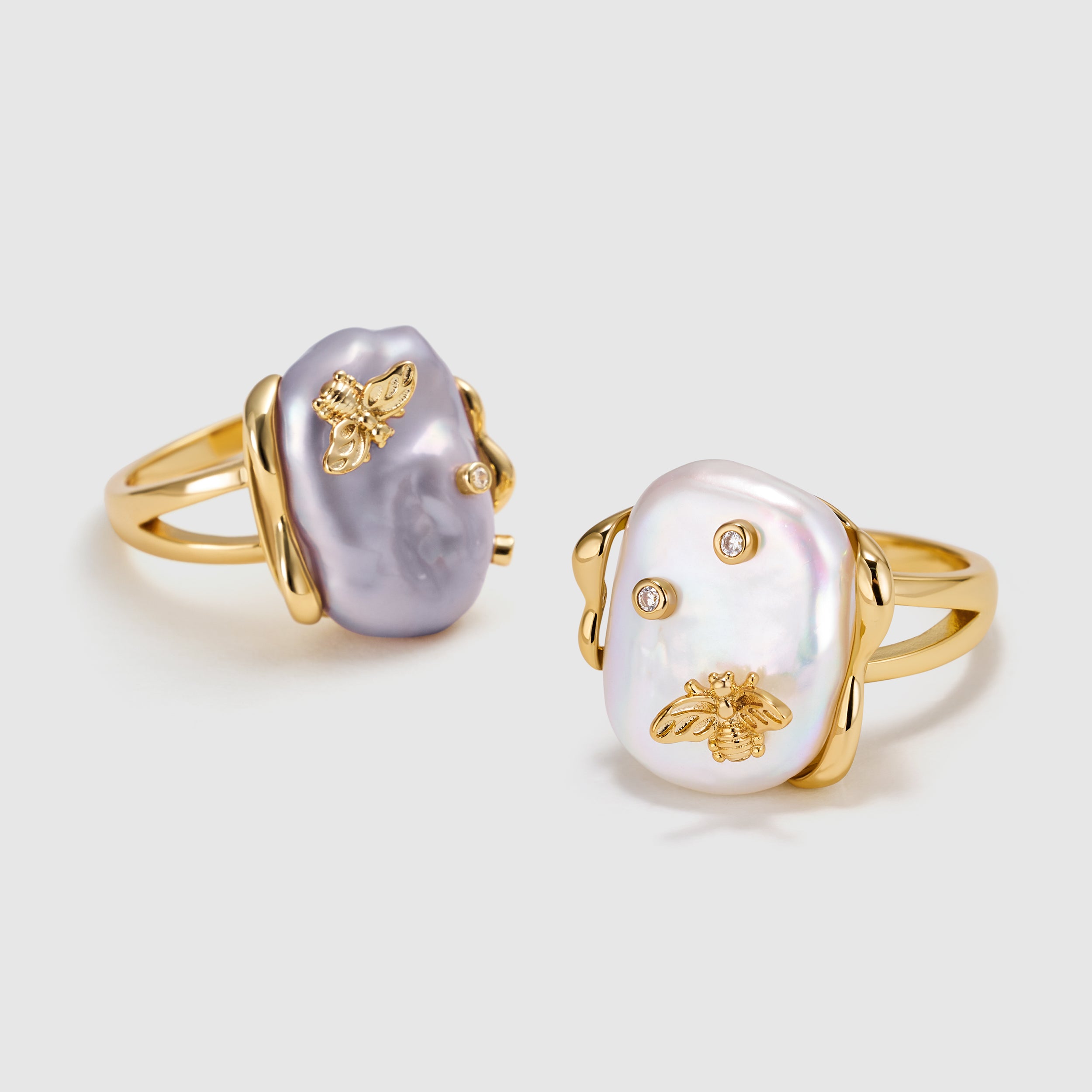 White Baroque Pearl Bee Open Ring