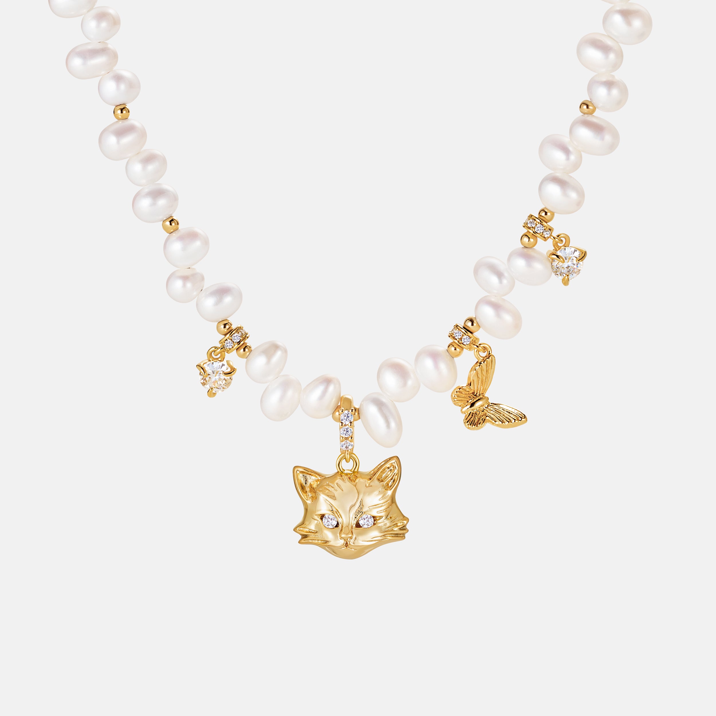 Cat Butterfly Pearl Necklace
