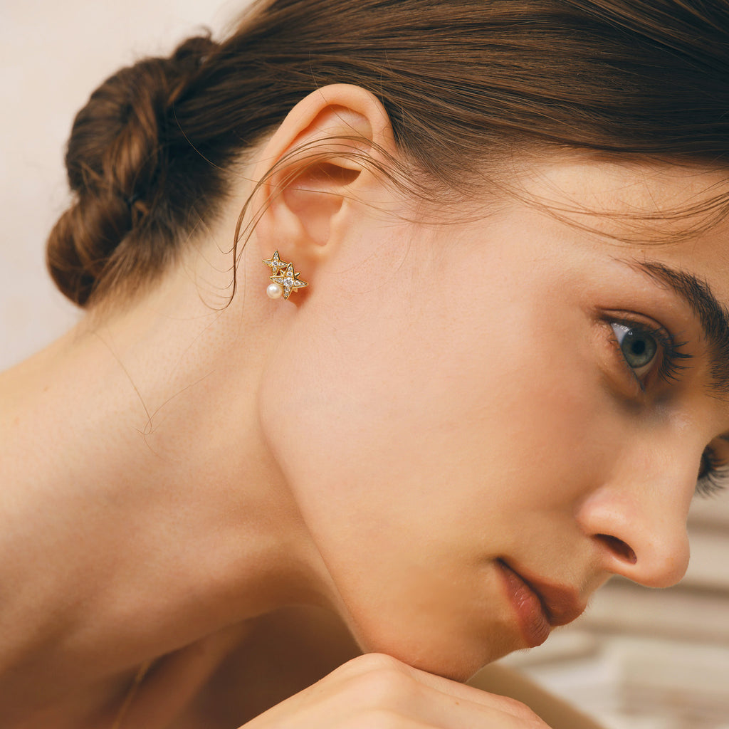 Celestial Double Star Pearl Stud Earrings