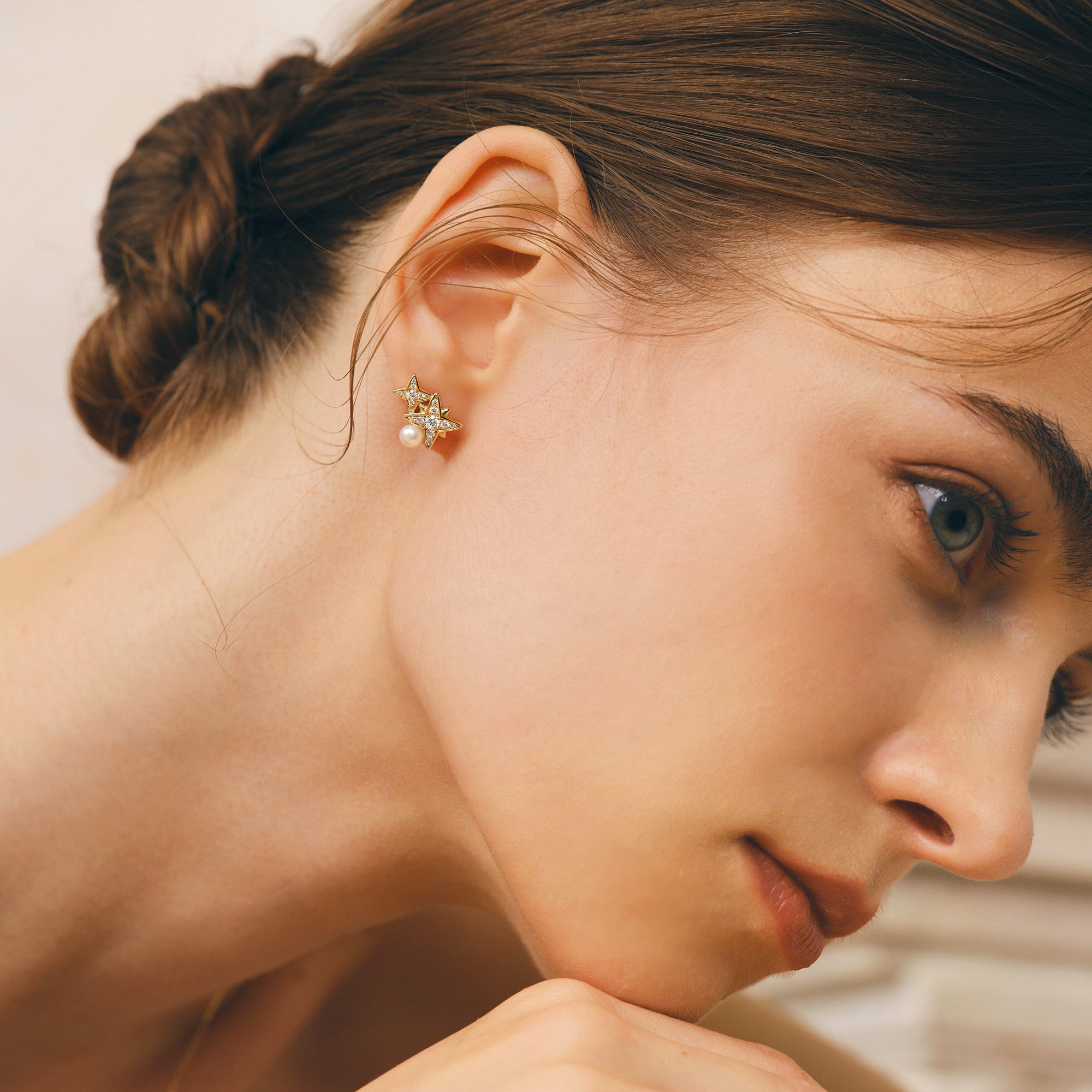 Celestial Double Star Pearl Stud Earrings