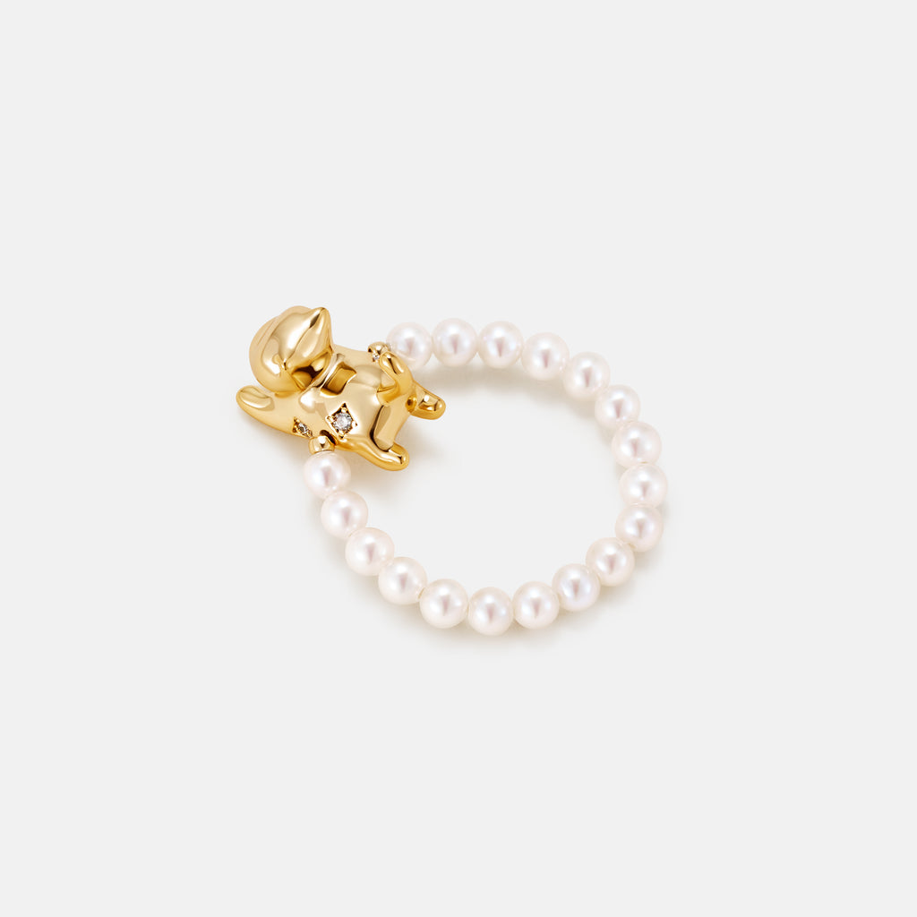 Playful Cat Pearl Beaded Ring
