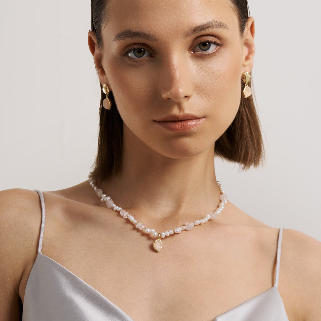 Raw Rose Quartz Pearl Necklace