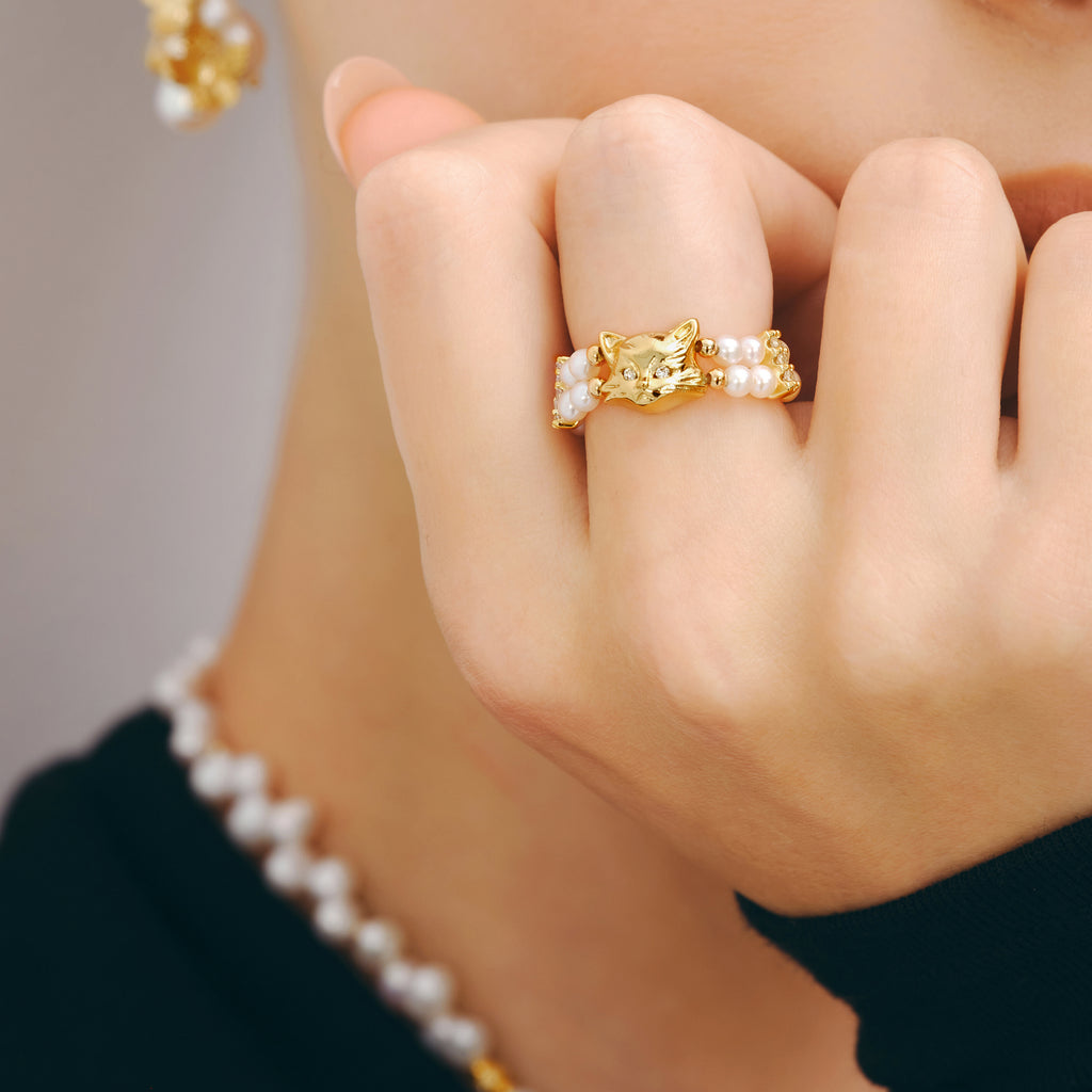 Personalized Cat Pearl Beaded Ring