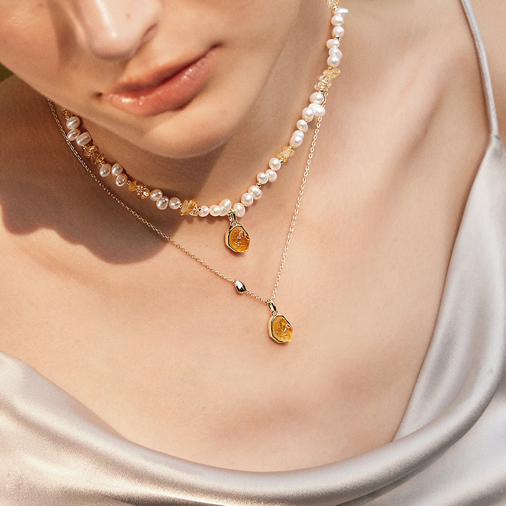 Raw Citrine Pearl Necklace