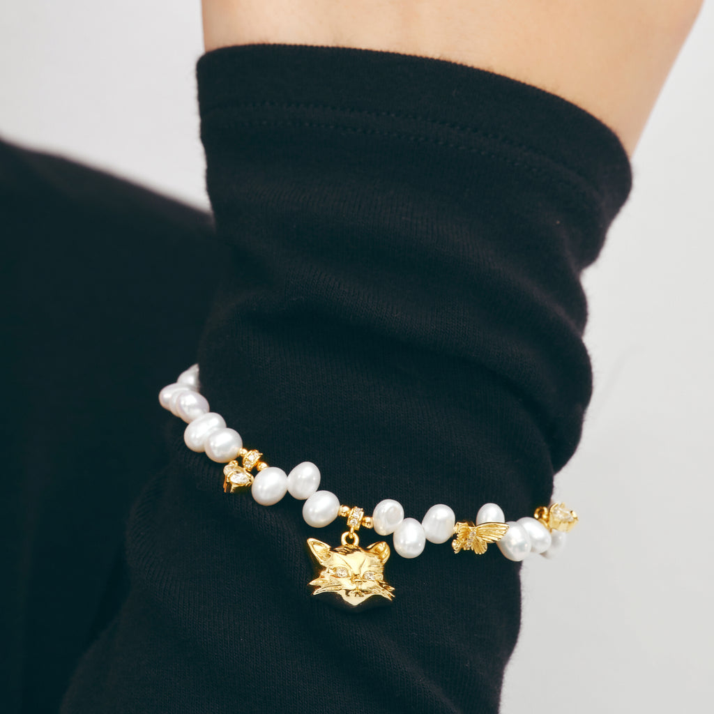 Personalized Cat Butterfly Pearl Bracelet