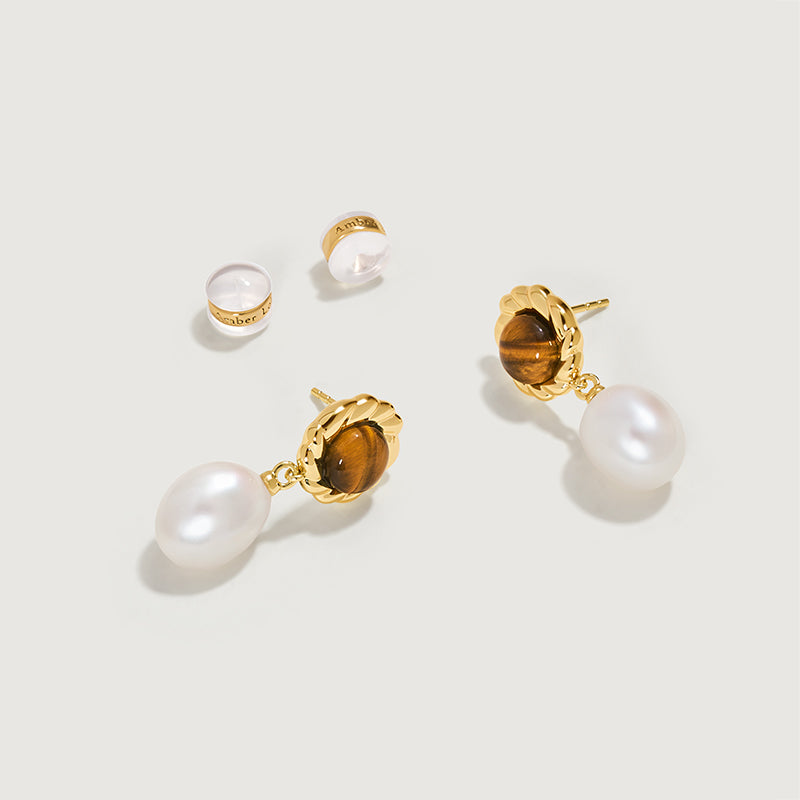 Tiger's Eye Pearl Drop Earrings