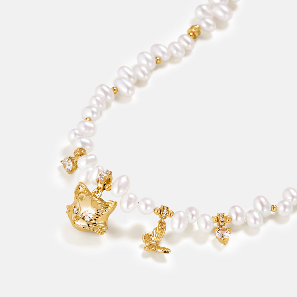 Personalized Cat Butterfly Pearl Necklace