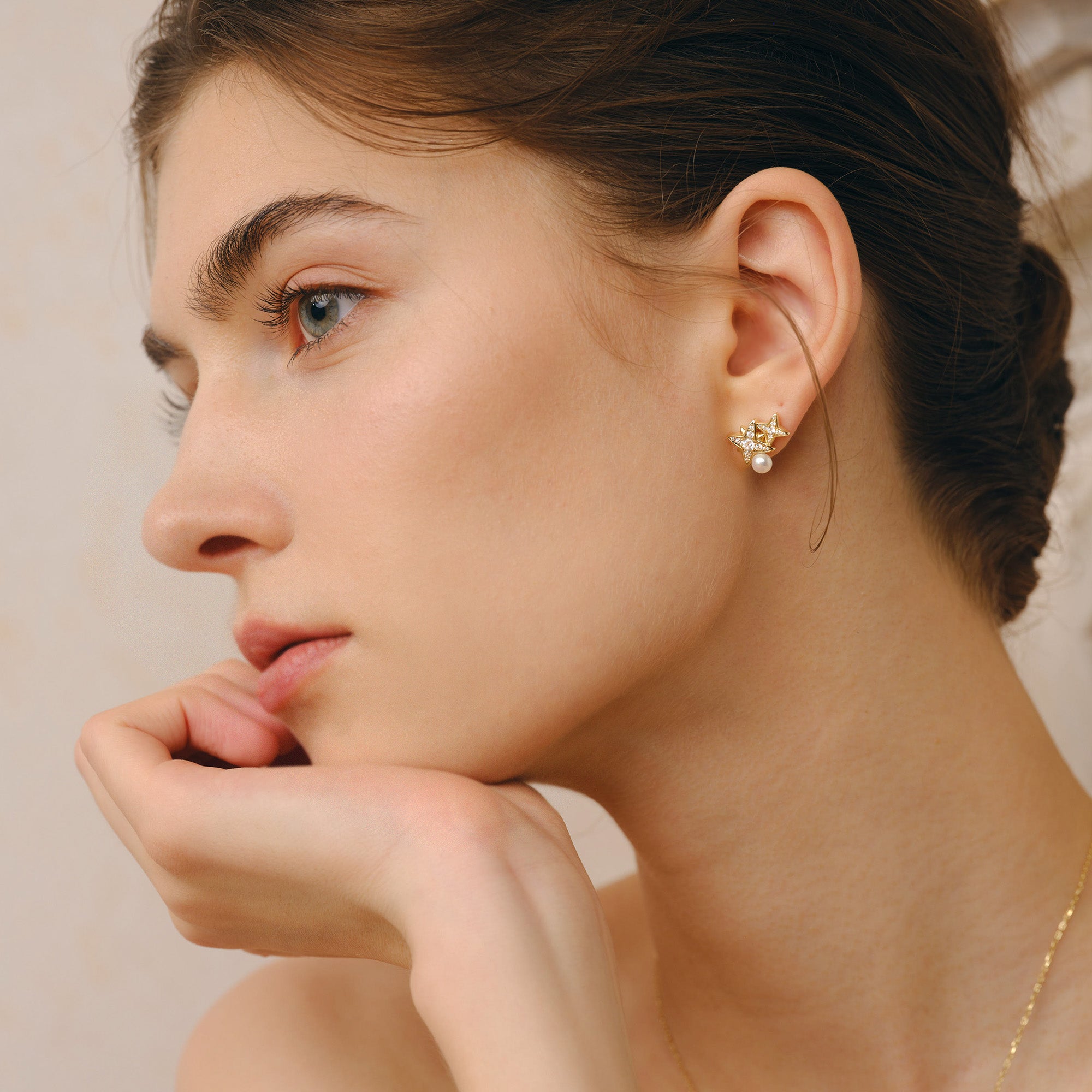 Celestial Double Star Pearl Stud Earrings