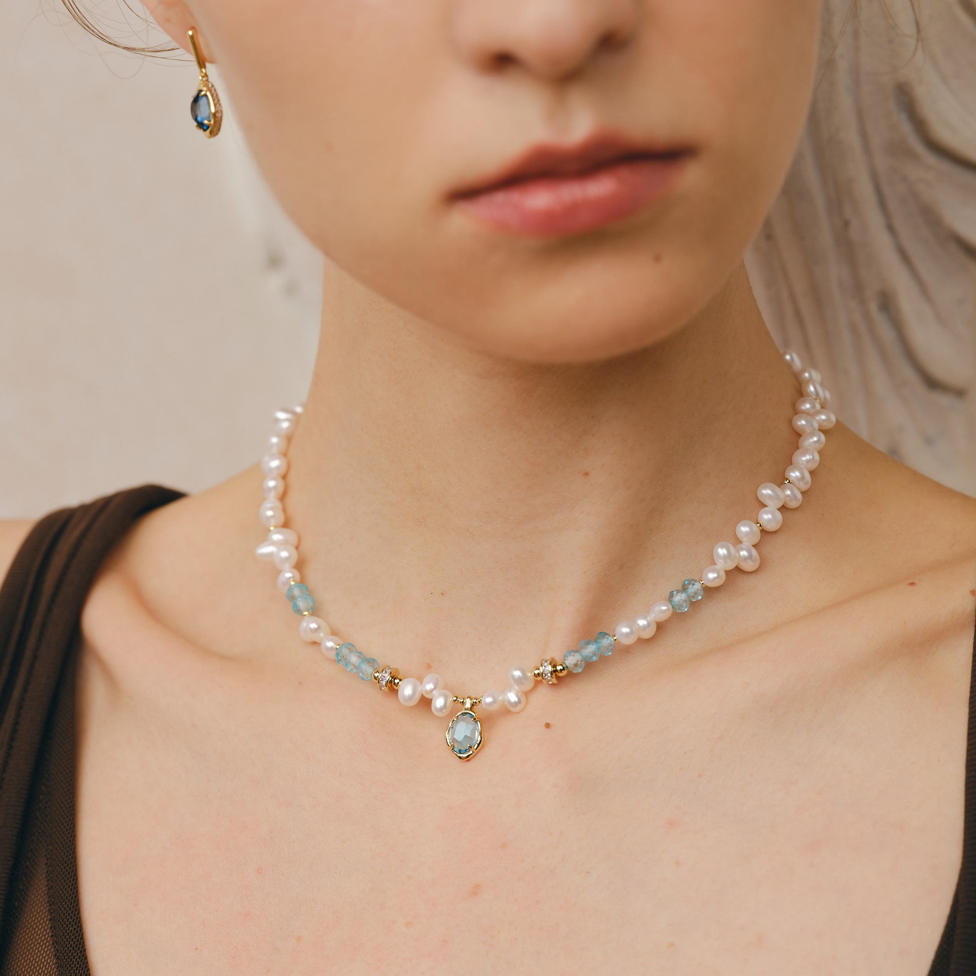 Raw Blue Topaz Pearl Necklace