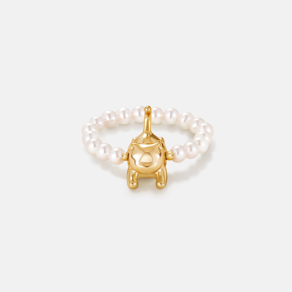 Playful Cat Pearl Beaded Ring