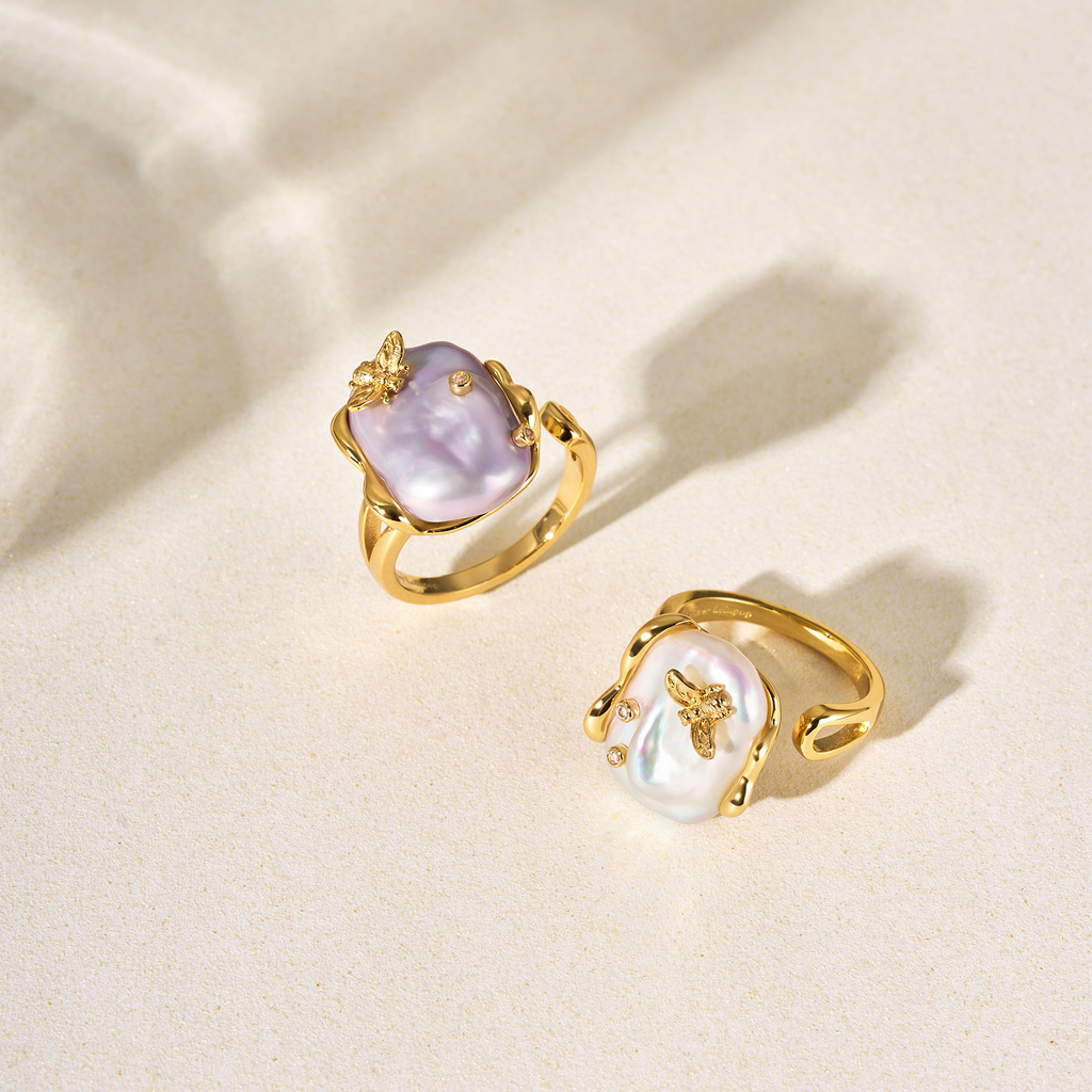 White Baroque Pearl Bee Open Ring